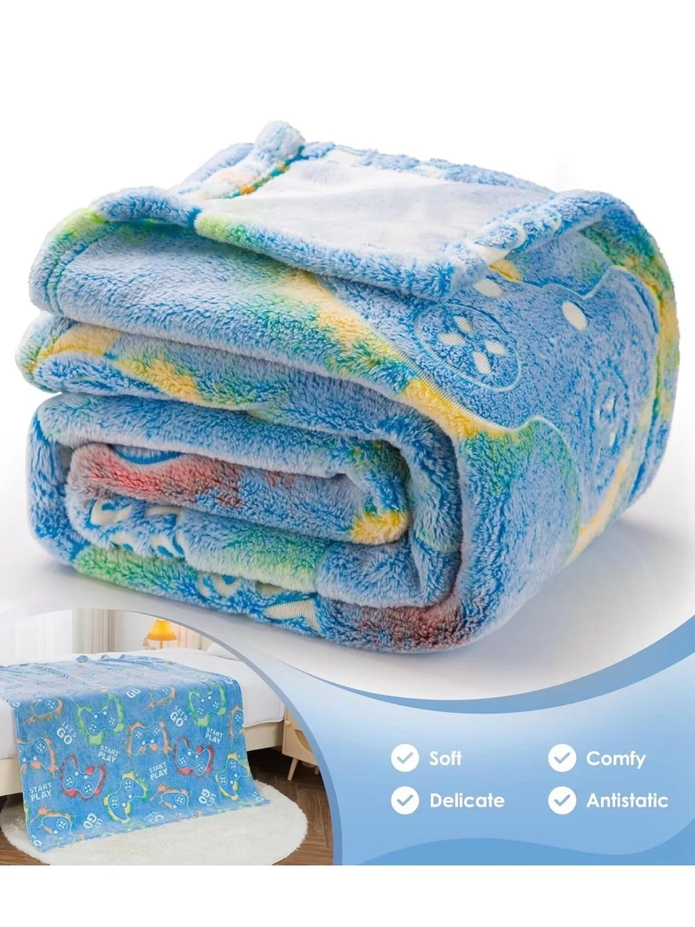 Blue Kids Plush Flannel Blanket with Playful Print NWT